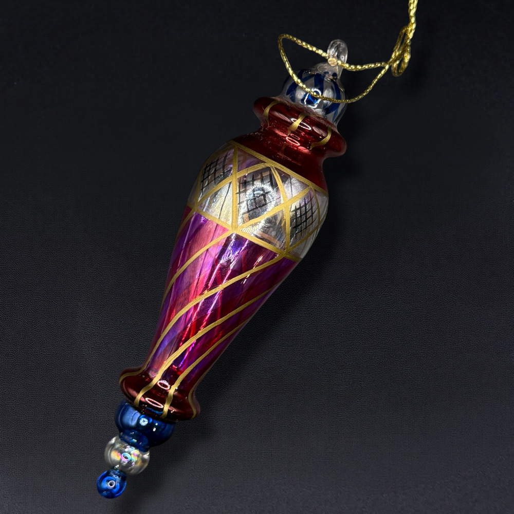 Vintage Hand Blown Glass Finial Christmas Ornament Pink Gold Tone Detail